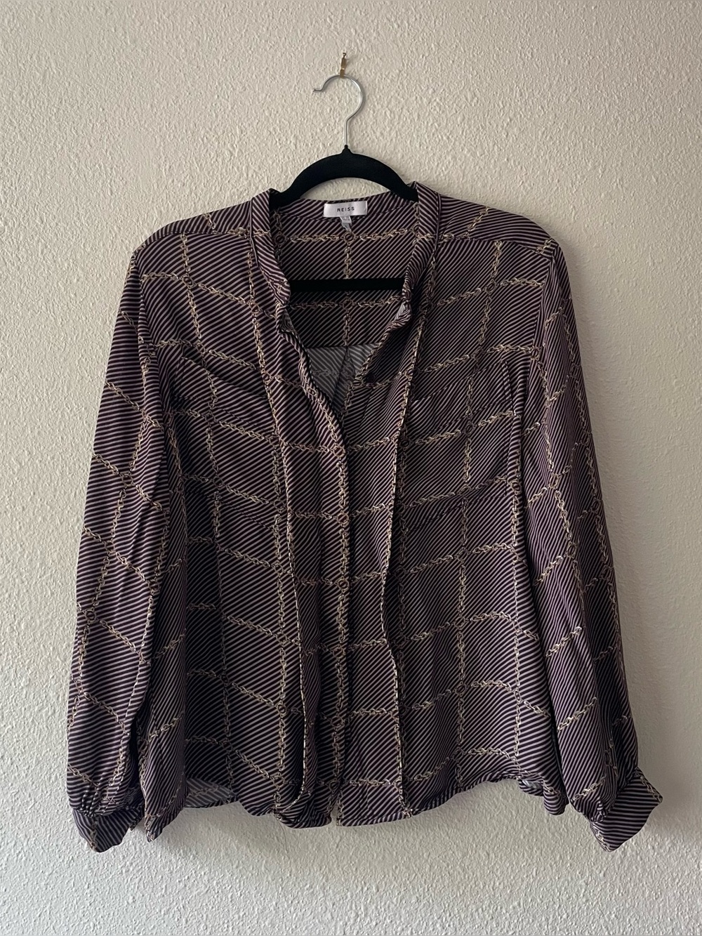 Reiss Womens US 10 Chain Print Blouse Purple Gold Long Sleeve Shirt